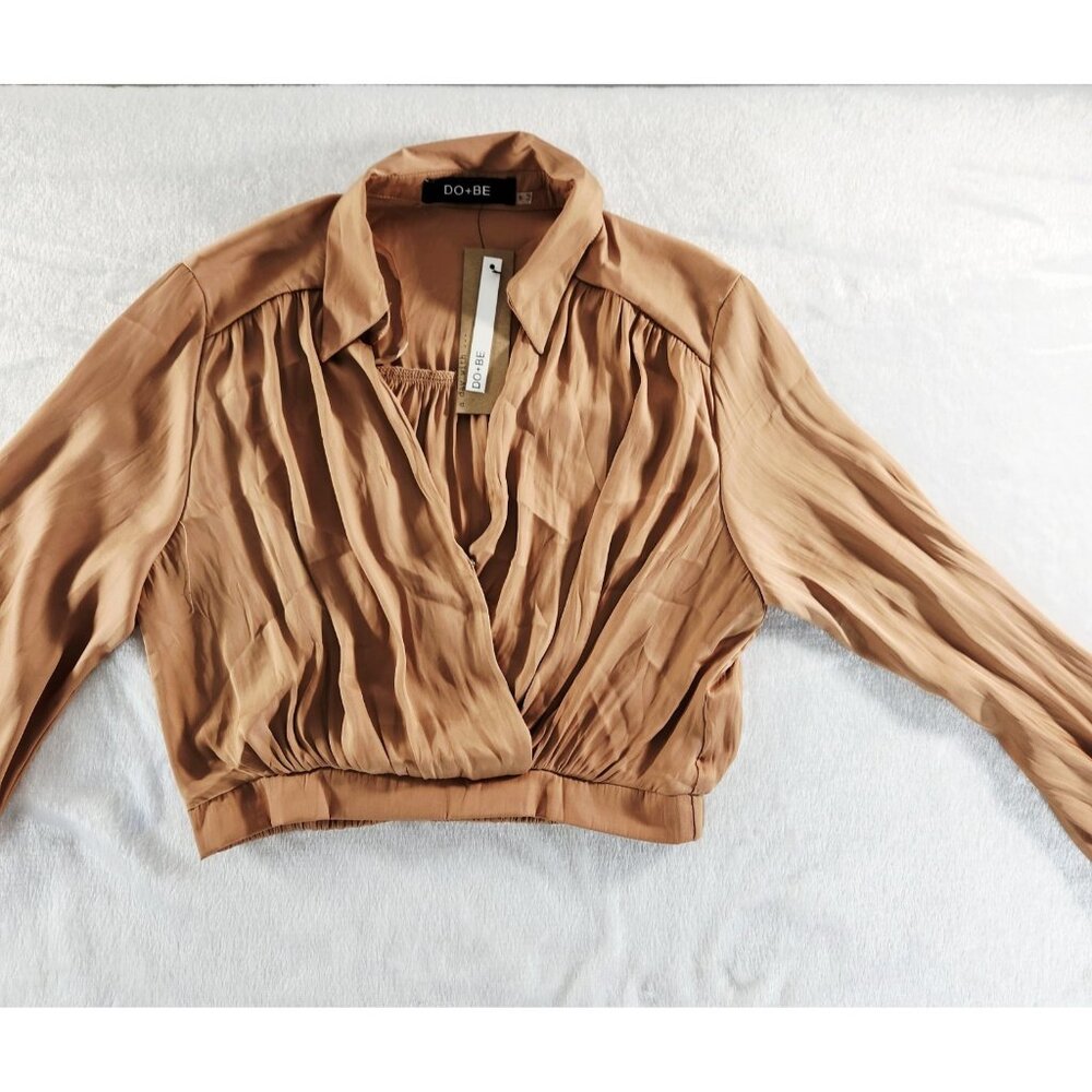 Do+Be Faux Wrap Cropped Long Sleeve Blouse - Nude Peach - SZ Small